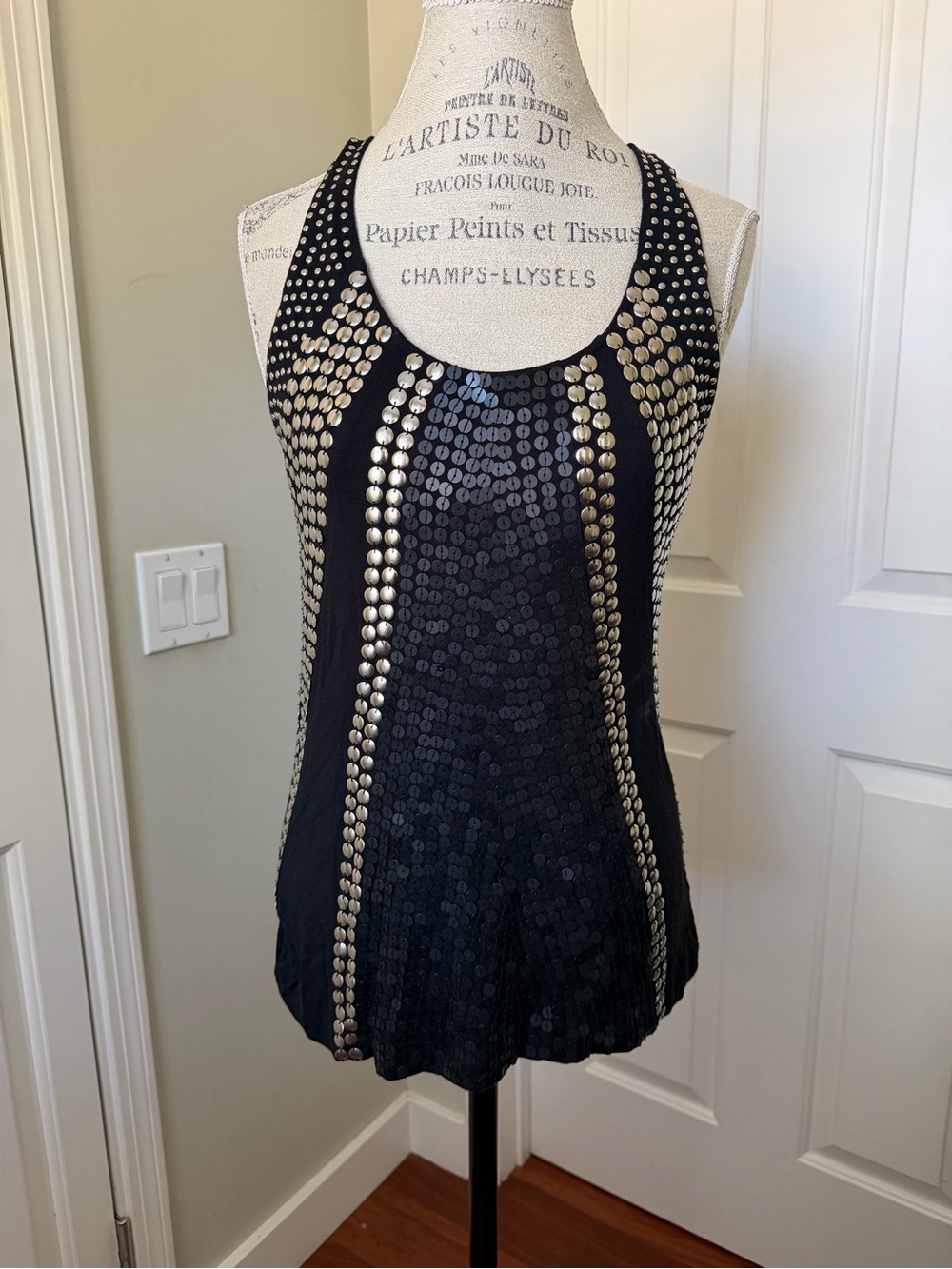 bebe Black Tank with Silver Stud and Sequin Stripes